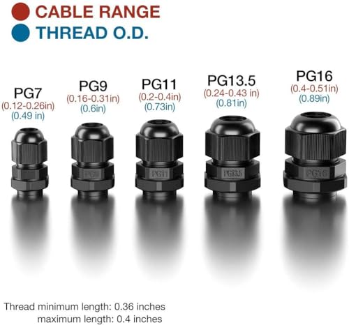 Cable Glands - 25 Pack Plastic Waterproof 3.5-13mm Nylon Cable Glands Joints Wire Protectors, PG 7/9/11/13.5/16, for Home/Garden/Outdoor Lighting Cable Black