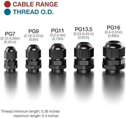 Cable Glands - 25 Pack Plastic Waterproof 3.5-13mm Nylon Cable Glands Joints Wire Protectors, PG 7/9/11/13.5/16, for Home/Garden/Outdoor Lighting Cable Black