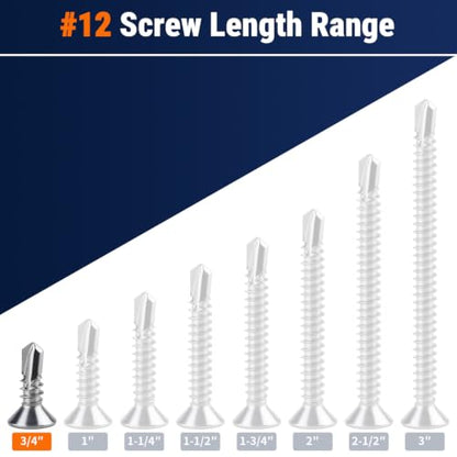 #12 x 3/4" Phillips Flat Head Sheet Metal Screws, Stainless Steel 410 Self Drilling Screws for Metal, Countersunk Head, Phillips Drive, Self Tapping, 50 Pack - size: #12 x 3/4"