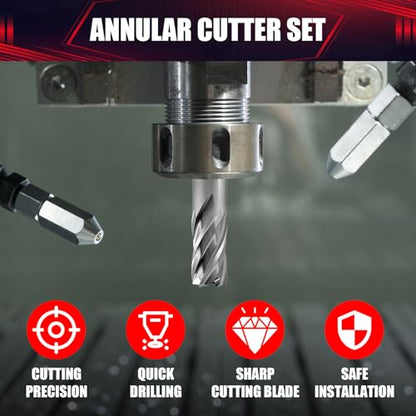 8PCS Annular Cutter Set,Magnetic Drill Press Bits,1" Cutting Depth,3/4" Weldon Shank,M2AL HSS with Pilot Pin and Hex Wrench,1/2"-1-1/16" Cutting Diameter