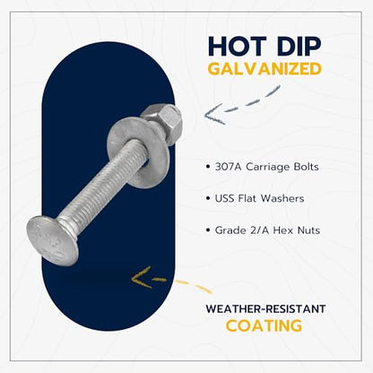 1/2" x 4" (25 Pack) Galvanized Carriage Bolt Kit Grade 307A Includes 1/2" USS Flat Washers (25 pcs) and 1/2"-13 Hex Nuts (25 pcs), Hot Dip Galvanized for Exterior Use by Makers Bolt - size: 1/2 x 4