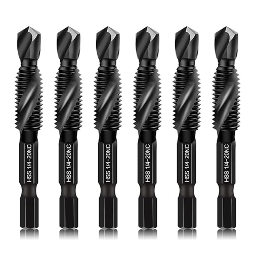 6-Piece 1/4-20NC Combination Drill Tap Bit Set SAE, Made of High-Speed Steel with Anti-Rust Blackened Coating, Ideal for Soft Metal, Wood & Plastic, 1/4” UNC-20 Thread Size, 1/4” Hex Shank - size: 1/4-20NC