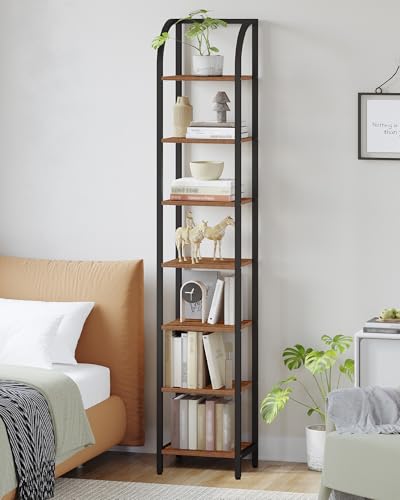 Hzuaneri Bookshelf Narrow Bookcase, Tall Storage Rack with Steel Frame - color: Rustic Brown, size: 11.8 × 11.8 × 82 inch