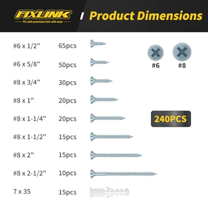 240PCS Wood Screws Assortment Kit, FIXLINK Zinc Coated Flat Head Screws Set - color: Zinc Coated
