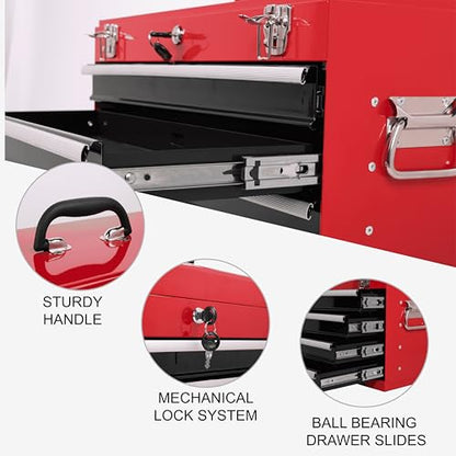 21-inch Portable Metal Tool Box with 4 Drawers, Steel Toolbox with Locking Lid, EVA-Lined Ball-Bearing Slides & Powder-Coated Finish, Top Tool Chest for Mechanic & Craftsman Use, Red + Black - color: Red + Black