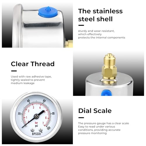 0-100 Psi Low Pressure Gauge, 2" Dial Size, 1/4 G Back Mount, Stainless Steel Case for Water Pressure Gauge Test for Water Pipe, HVAC(with Tape) - size: 0-100 psi, style: Back Mount