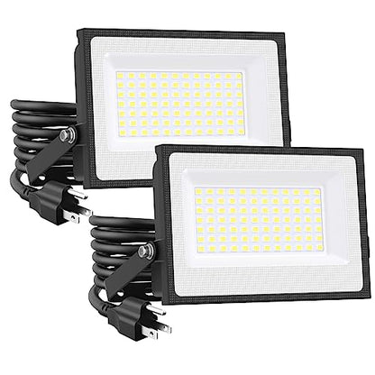 Onforu 80W Flood Lights Outdoor,8000lm Bright LED Work Light with Plug,Daylight White LED Flood Lighting, IP66 Waterproof Security Yard Lights for Garage Stadium 2 Pack