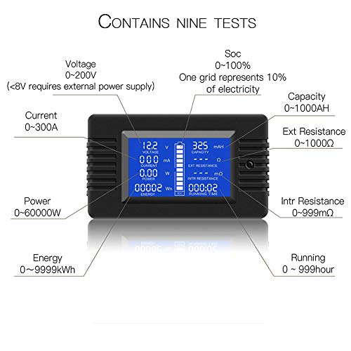 DC 0-200V 300A Battery Monitor with Shunt, 9-in-1 Digital LCD Multimeter - style: DC 300A Battery Meter（300A Shunt）