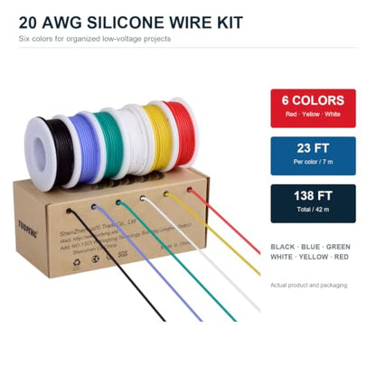 TUOFENG 20 AWG Silicone Wire Kit, 6 Colors, 138 ft, Stranded Tinned Copper - size: 20 awg 6 colors each 23ft