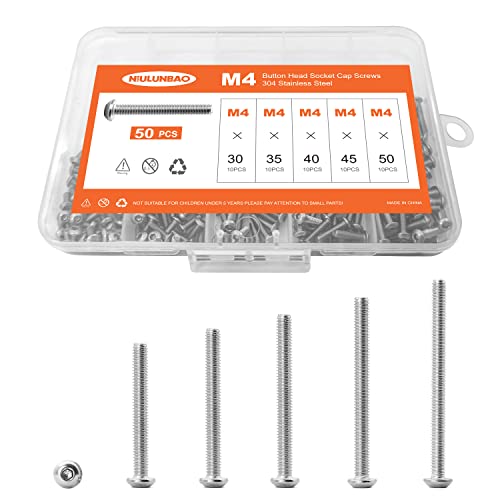 M4 x 30mm 35mm 40mm 45mm 50mm Button Head Socket Cap Screws Bolts, 304 Stainless Steel, Machine Fully Threaded, Metric Allen Hex Drive, Bright Finish, Assortment Kit 50PCS - size: M4 x 30/35/40/45/50mm (50PCS)