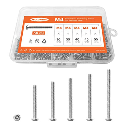 M4 x 30mm 35mm 40mm 45mm 50mm Button Head Socket Cap Screws Bolts, 304 Stainless Steel, Machine Fully Threaded, Metric Allen Hex Drive, Bright Finish, Assortment Kit 50PCS - size: M4 x 30/35/40/45/50mm (50PCS)