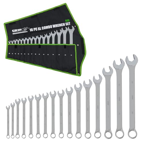 GRIP 16 pc XL Professional V-Cut Combination Wrench Set Metric - Chrome Vanadium Steel - Chrome Plated - 15 Degree Angled - 12 point Boxed Ends - Heavy Duty Storage Pouch