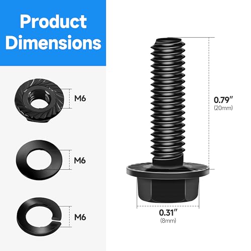 (10Sets) M6 Bolt x 20mm Flanged Hex Head Bolts, External Flange Hex Drive M6 Screws, Class 10.9 Black Zinc Plated Alloy Steel Metric M6x1.0 Bolts Kit - color: Black-M6, size: 20mm