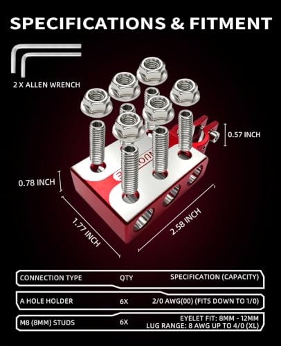 12-Way Car Battery Terminal Connectors, 6 x 2/0 Ports, M8 Studs - color: 6 x 2/0 Ports + 6 M8 Studs