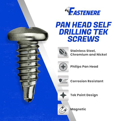 Fastenere Pan Head Self Drilling Tek Screws - #8 x 3/4" (100 Pack) Stainless Steel 410, Full Thread, Bright Plain Finish, Corrosion-Resistant, Self-Drilling, Easy to Install w/Phillips Drive Size #2 - size: #8 x 3/4" (100 Pack)
