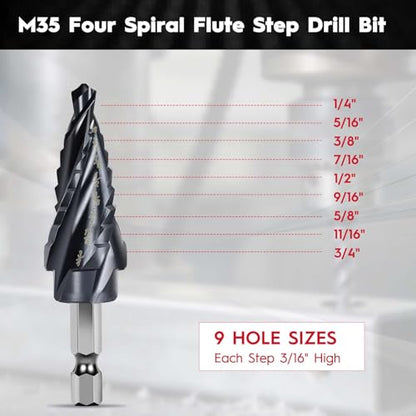 Cobalt Step Drill Bit 1/4" to 3/4", TiAlN Coating 4 Spiral Flute Step Bit - color: 1Pcs M35 Spiral