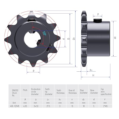 12 Tooth Roller Chain Sprocket, 25 Chain, 5mm Bore - size: 12T/5mm Bore