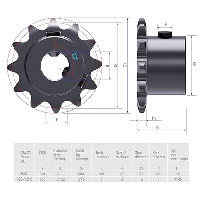 12 Tooth Roller Chain Sprocket, 25 Chain, 5mm Bore - size: 12T/5mm Bore