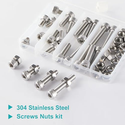 M8 x 10mm 20mm 30mm 40mm Hex Socket Head Cap Screws Bolts and Nuts, Stainless Steel 304, Bright Finish, Metric Allen Drive, Fully Thread, Assortment Kit 48PCS - size: Socket M8x10-40mm+Nuts