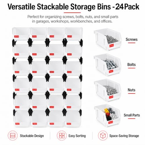 24 Pack Stackable Storage Bins Heavy Duty Parts Organizer White - color: White-24 Pack, size: 5"x4"x3"