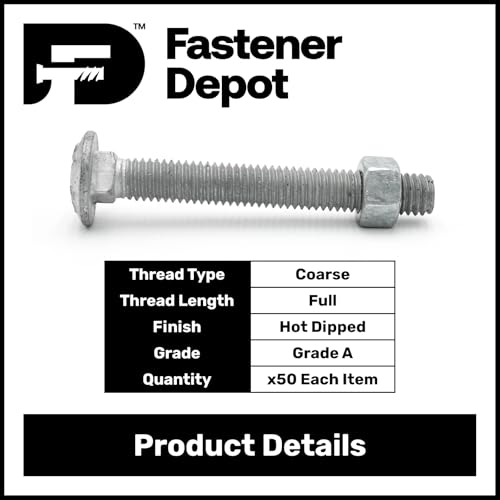 5/16"-18 x 5 (50 Pack) Galvanized Carriage Bolt Kit Grade 307A, Includes 5/16"-18 Hex Nuts (50 pcs), Hot Dip Galvanized for Exterior Use by Fastener Depot