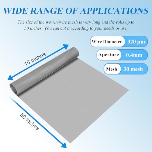 ovsor 30 Mesh Stainless Steel Mesh Roll - 2Pcs 16×50 inches (40.6×127cm) Professional Woven Wire Mesh, Sifting Screen Not Easy to Rust for DIY Project, Floor, Wall, Hole, Garden, Vent Cover