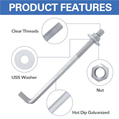 1/2" x 16" Concrete Anchor Bolts (10 Pack) L Shaped, Hot-Dip Galvanized - size: 1/2"x16" (10 PCS)