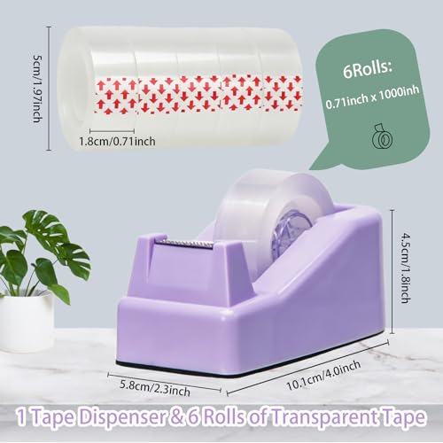 Tape Dispenser Desk,Desktop Tape Dispenser, Tape Dispenser with Weighted Non-Skid Base, Includes 6 Rolls Transparent Tape (0.71" x 1000"),Heavy Duty Tape Holder for Office, Home, School(Purple) - color: Purple