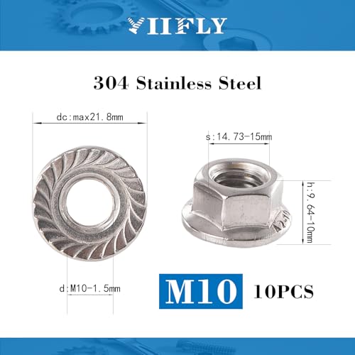 M10x1.5mm Metric Serrated Hex Flange Nuts, 304 Stainless Steel (A2-70), DIN 6923, Bright Finish, 10PCS - color: Silver, size: Silver M10 x 1.5mm