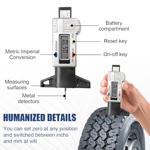 Digital Tire Tread Depth Gauge, Portable 0.01mm Resolution, Silver - color: Silver