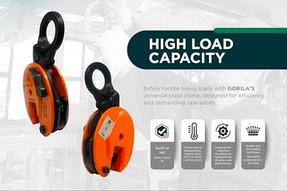 GORILA Vertical plate clamp articulated | 2200lbs/1 ton |Jaw opening 0.8 inch/20mm | Industrial and heavy duty steel plate clamp for lifting and transporting | Safety factor 4:1 | Since 1989 - size: 1t /2200lbs