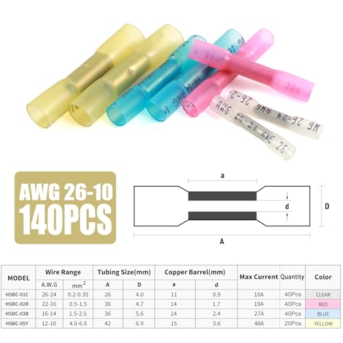 140PCS Heat Shrink Butt Wire Connectors 26-10 AWG, Insulated Waterproof Electrical Wire Connectors Automotive Marine Grade Wire Crimp Terminals Butt Splices, Ideal for Boat, Truck - size: 22-10 AWG
