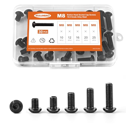 M8 x 10mm 12mm 16mm 20mm 25mm Button Head Socket Cap Screws Bolts 10.9 Grade Alloy Steel, Black Oxide Finish, Metric Allen Hex Drive, Machine Fully Threaded, Assortment Kit 30PCS - size: M8 x 10/12/16/20/25mm (30PCS)