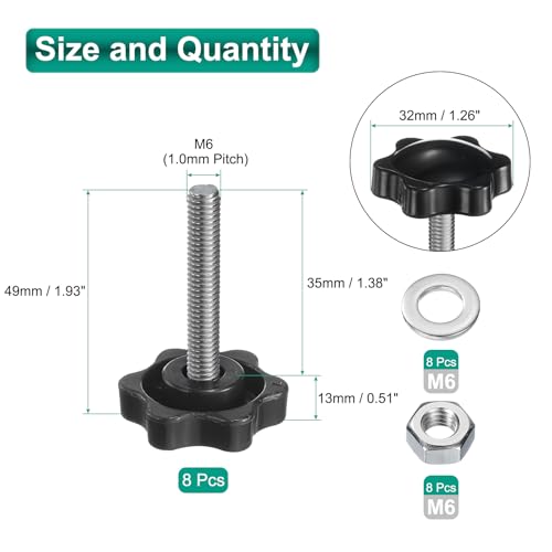uxcell 8pcs Star Clamping Knobs with Nuts Washers, M6 x 35mm Metric 304 Stainless Steel Male Thread 32mm 6-Star Plastic Head, Threaded Stud Hand Knobs Handles Thumb Screws, Black - size: M6 x 35mm