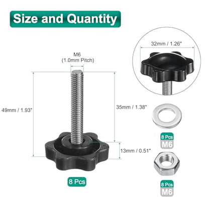 uxcell 8pcs Star Clamping Knobs with Nuts Washers, M6 x 35mm Metric 304 Stainless Steel Male Thread 32mm 6-Star Plastic Head, Threaded Stud Hand Knobs Handles Thumb Screws, Black - size: M6 x 35mm
