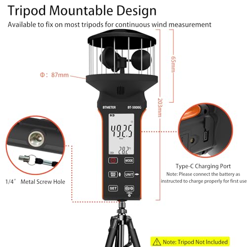 BTMETER Cup Anemometer CFM Air Flow Meter with 360° Cup Sensor & Direction - color: Black