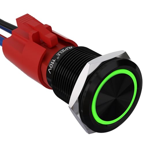 APIELE 19mm Latching Push Button Switch 110V-220V AC 10 Amp SPST LED Waterproof Round Self-Locking 1NO (Black Aluminum, Green) - color: Black Shell-Green, size: 19MM