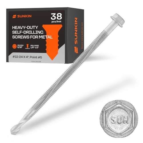 SUNKIN 38PCs Self Tapping Screws for Metal, Hex Head #12 x 4 Inch, Self Drilling for Thick Steel, Less Effort Installation, Long Lasting Anti Rust Coating - size: #12x4 inch(38pcs)