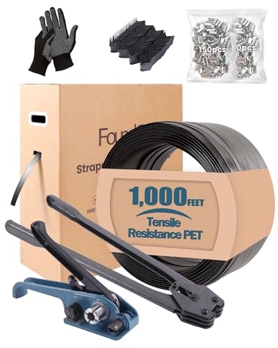 FoundGo PET Banding Strapping Kit for Heavy Duty Durable Pallet Packaging Strapping Tool with >1500lbs 5/8" x 1000' PET Strapping Roll & its own Pull-Out Box 100 Corner Protectors 300 Seals-Blue Gray - color: Grey Black