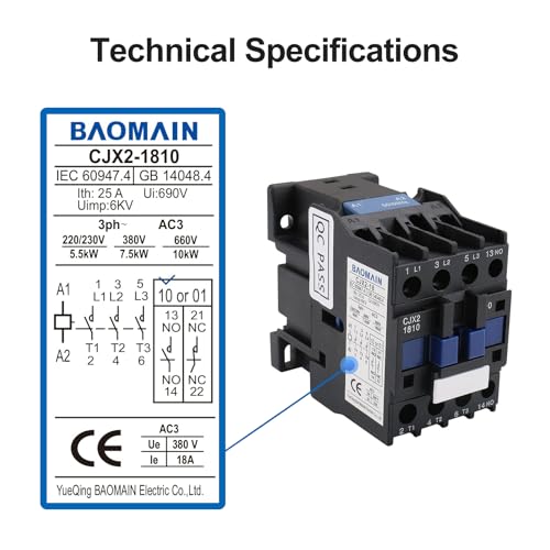 Baomain 3-Pole AC Contactor CJX2-1810 – 220VAC Coil, 3NO+1NO Auxiliary, 660V 3-Phase, DIN Rail Mount,for Motor Starters, Pumps, and Industrial Control Panels