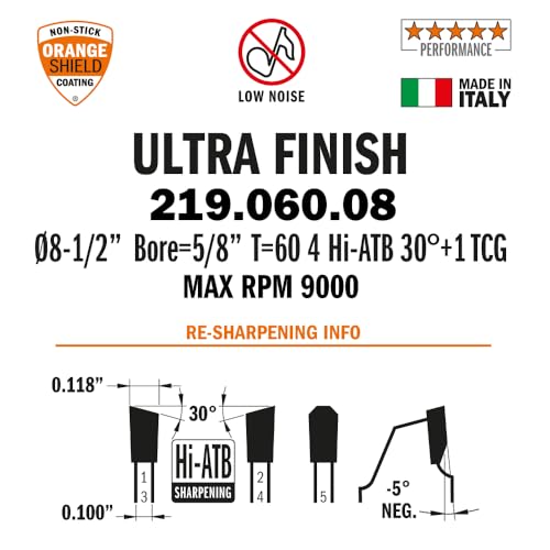 CMT Orange Tools 219.060.08 - Sliding Compound Miter Saw Blade HW D=8-1/2 B=5/8 Z60 K=0.118 P=0.100 a=-5 - size: D 8-1/2-Inch | T 60 | B 5/8-Inch