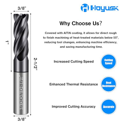 Micrograin Carbide Square End Mill - 4 Flute, 4T Design (1pcs, 3/8") for Alloy Steels, Hardened Steel, Metal, and Multipurpose Milling - Precision Tool Kit for DIY and Professional Use - size: 3/8 in