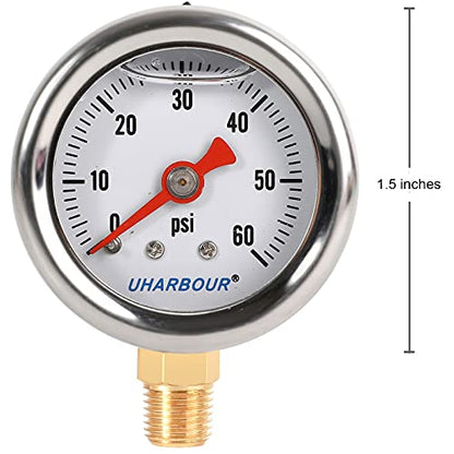 UHARBOUR Glycerin Pressure Gauge 0-60Psi, 1-1/2" Dial 1/8" NPT - size: 0-60PSI, style: Lower Mount（Single scale）