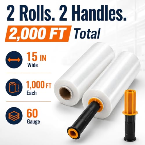Plastic Wrap for Moving, 2 Pack 15 in x 1000 ft Shrink Wrap with 2 Handles