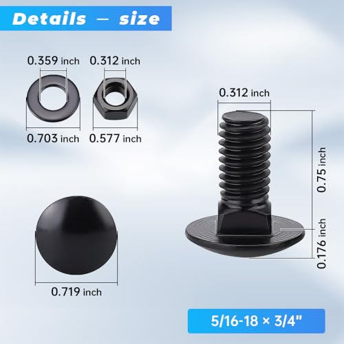 20 Sets 5/16-18 x 3/4" Black Carriage Bolts Screws and Hex Nuts & Flat Washers, 304 Stainless Steel 18-8, Round Head Square Neck, Full Thread Coverage - size: 5/16-18 x 3/4"