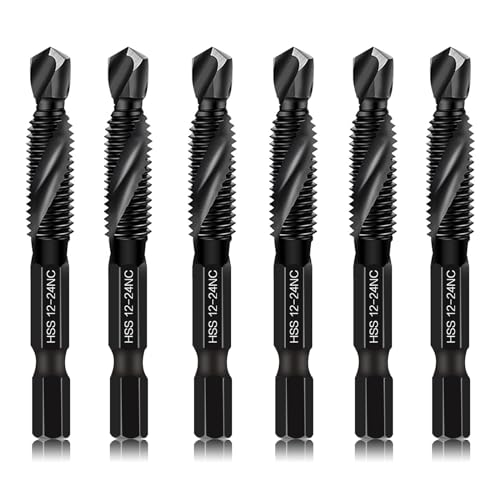 6-Piece 12-24NC Combination Drill Tap Countersink Bit Set SAE, Made of High-Speed Steel with Anti-Rust Blackened Coating, Ideal for Soft Metal, Wood & Plastic, 12-24NC Thread Size, 1/4" Hex Shank - size: 12-24NC