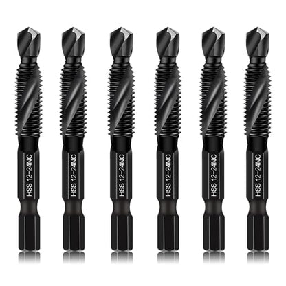 6-Piece 12-24NC Combination Drill Tap Countersink Bit Set SAE, Made of High-Speed Steel with Anti-Rust Blackened Coating, Ideal for Soft Metal, Wood & Plastic, 12-24NC Thread Size, 1/4" Hex Shank - size: 12-24NC