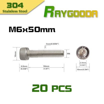 M6x1.0 x 50mm Socket Head Cap Screws Metric, 304 Stainless Steel (A2-70), Allen Socket Drive, Bright Finish, Full Thread, Rust & Corrosion Resistant, for Automotive, Machinery & DIY, 20 PCS - size: M6x50mm (20 PCS)
