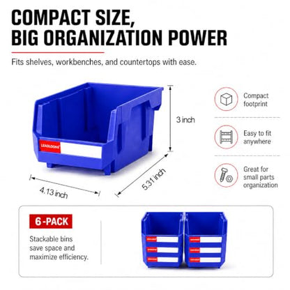 6 Pack Stackable Plastic Parts Bins, 5x4x3 in, Blue - color: Blue-6 Pack, size: 5"x4"x3"