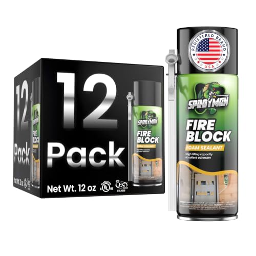 SPRAYMAN Fire Block Spray Foam - (12x12oz) Orange Fire Block Spray, Fire Rated Polyurethane Foam for Gap Filling, Sealing on Windows & Doors, Walls, Joints & Pipes, Straw Use - 12 Pack - size: 12 Pack